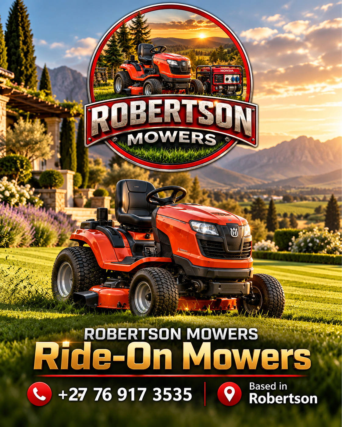 Red ride-on mower in a garden