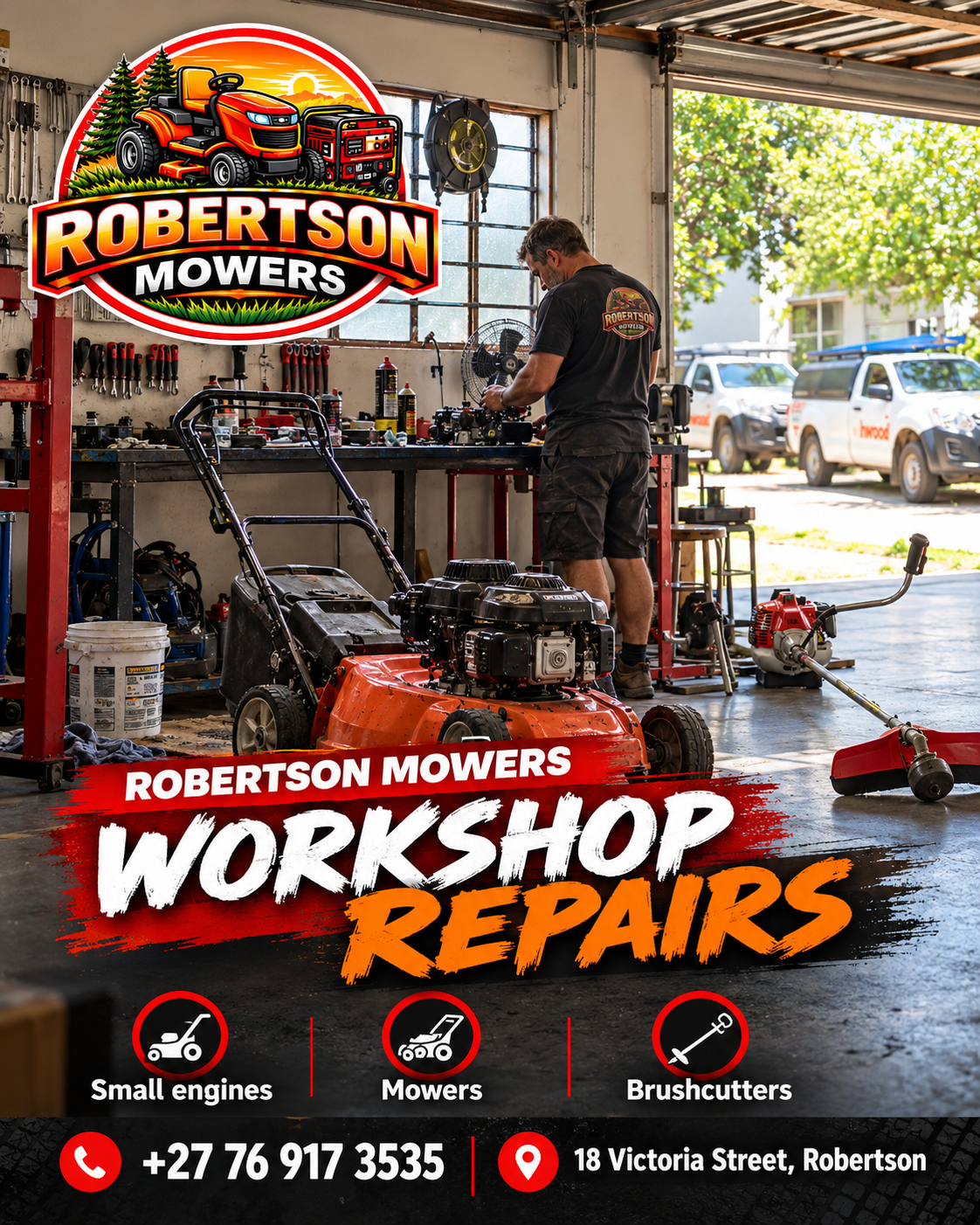 Mechanic working on garden machinery in the workshop